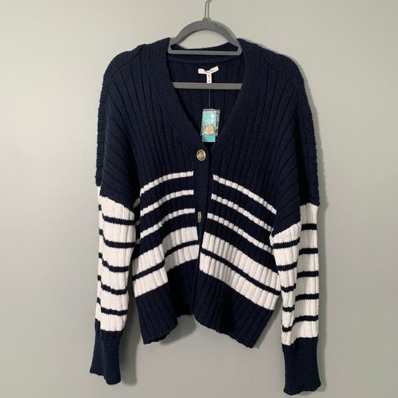 NEW Maurices blue white striped crop length big button detail knit sweater - Picture 1 of 10